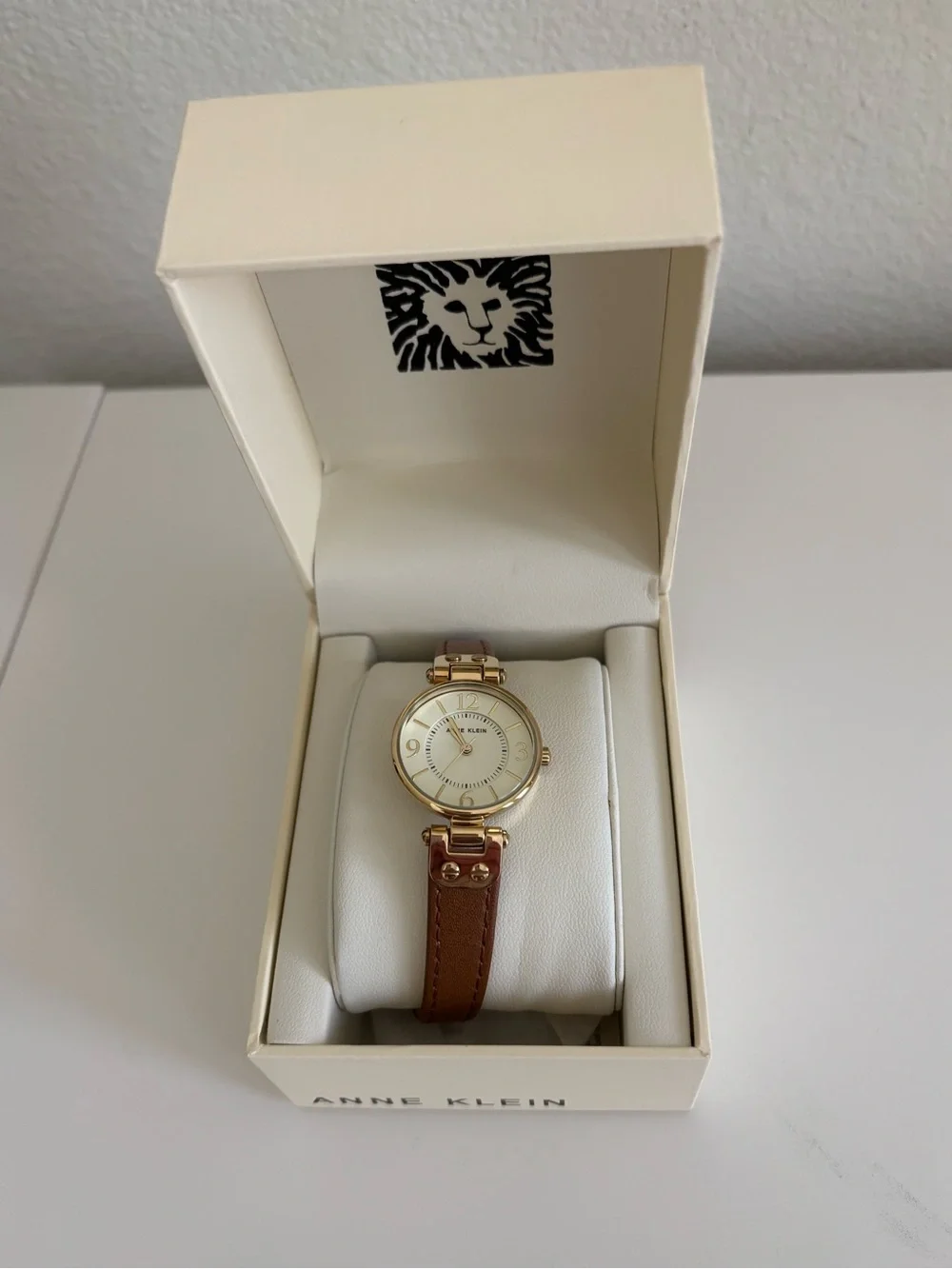 NEW IN BOX Anne Klein Gold-Tone Case with Brown Leather Strap Watch
